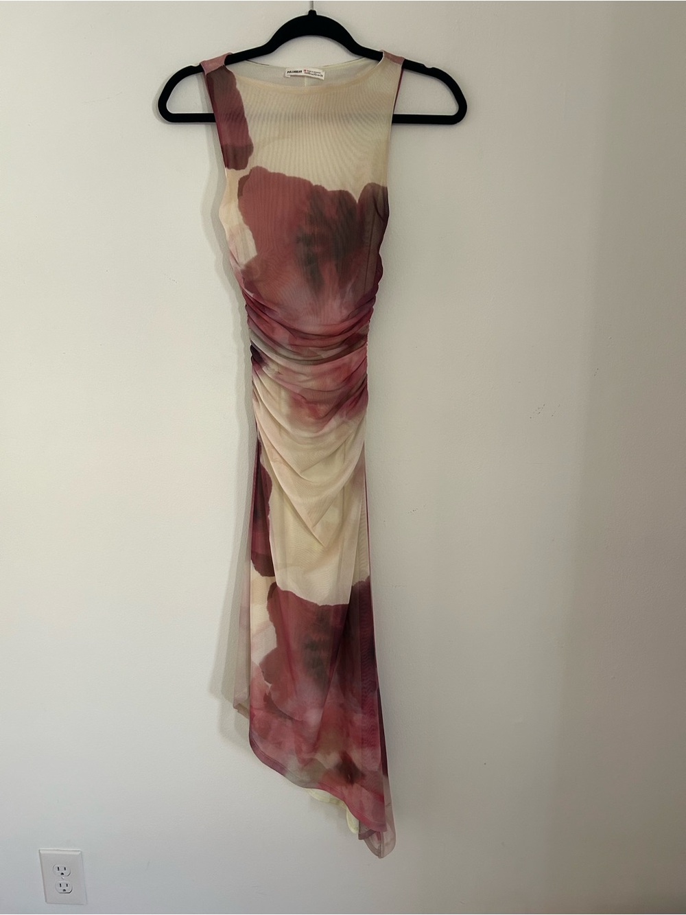 Pull&Bear printed asymmetrical floral mesh midi dress size XS